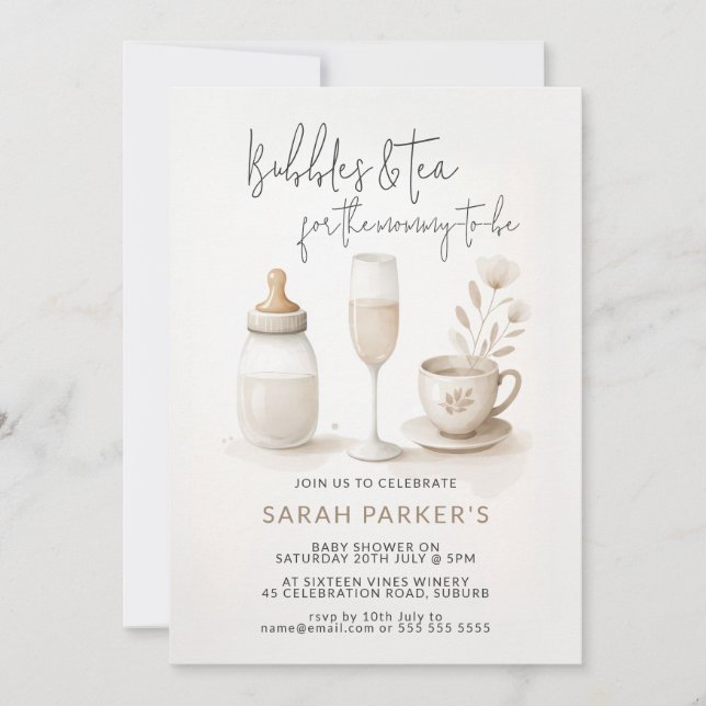 Invitación Burbujas y té para que la mami sea Baby Shower (Anverso)