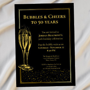 Invitación Burbujas y vítores Black Gold Fiesta 50 de cumplea