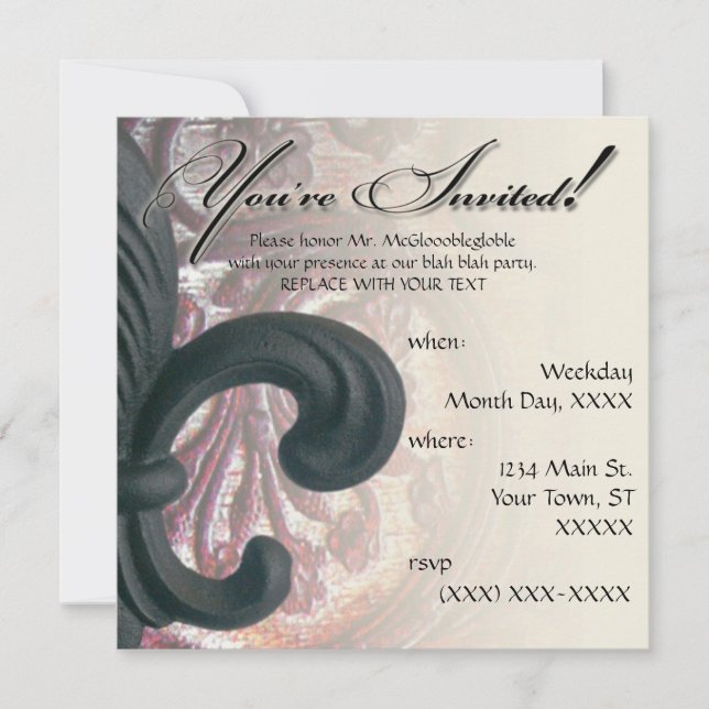 Invitación burdeos/arena "fleur de lis" cuadrado (Anverso)