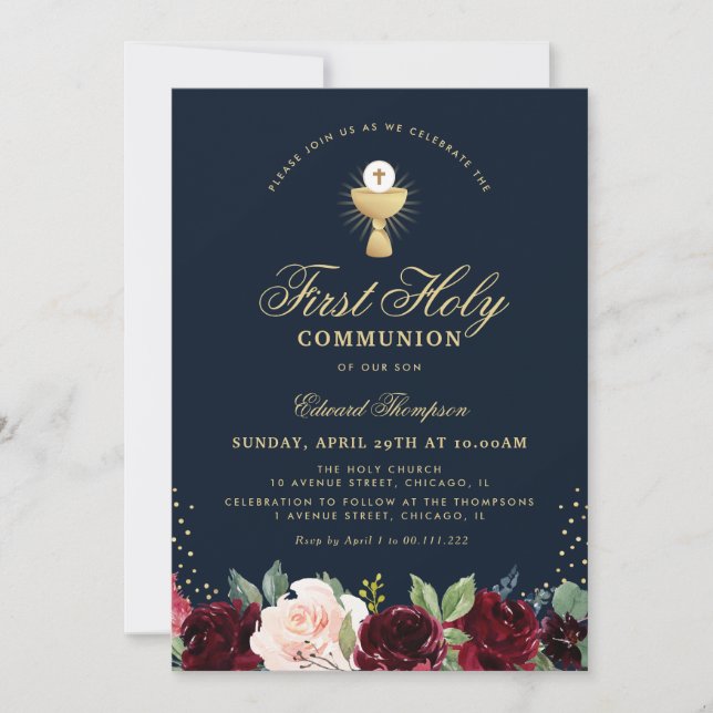 Invitación burdeos floral azul primera comunión (Anverso)