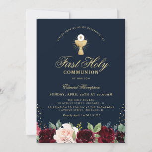 Invitación burdeos floral azul primera comunión