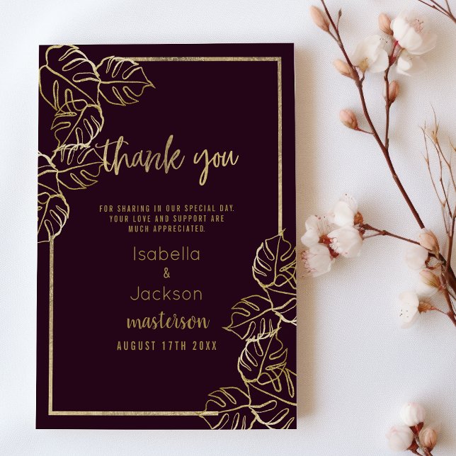 Invitación Burdeos hondo rico oro rojo floral Gracias (Bordeaux deep rich red gold floral Thank You)