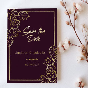 Invitación Burdeos hondo rico oro rojo floral Salvar la fecha