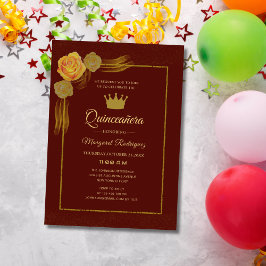 Invitación burdeos y oro floral quinceañera