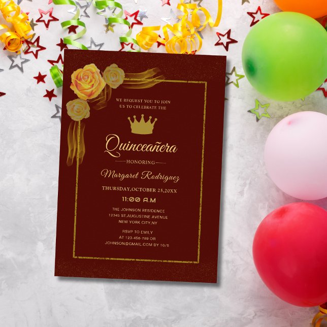 Invitación burdeos y oro floral quinceañera (Subido por el creador)