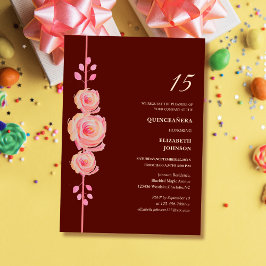 Invitación burdeos y rosa dorado elegante quinceañera floral
