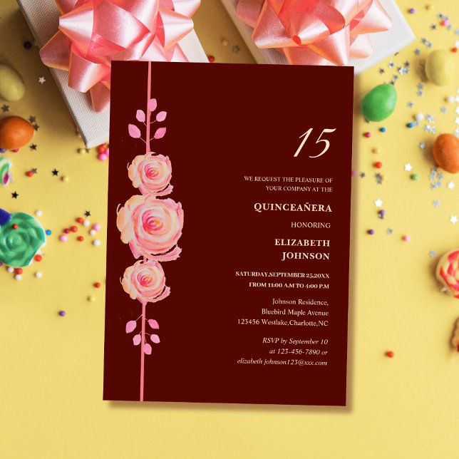 Invitación burdeos y rosa dorado elegante quinceañera floral (Subido por el creador)
