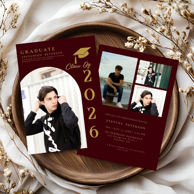 Invitación Burdundy  and Gold Photo Graduation (Subido por el creador)