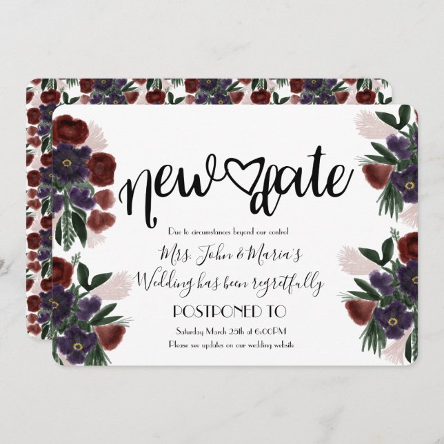 Invitación Burgandy Floral Nueva Boda de cancelación de fecha (Anverso / Reverso)