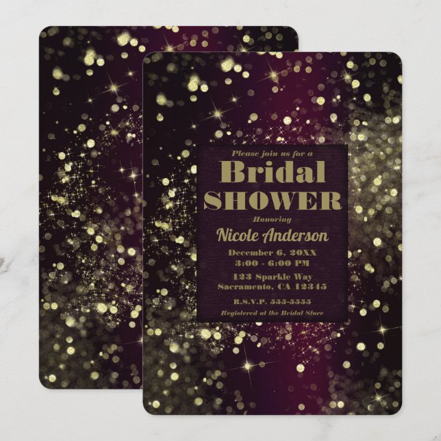 Invitación Burgandy Gold Sparkling Luces Glam Bridal Shower (Anverso / Reverso)