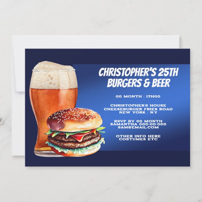 Invitación Burgers beer bbq parrillando escalofríos azul real (Anverso)