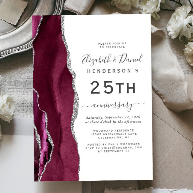 Invitación Burgundy Agate Silver 25th Anniversary (Subido por el creador)