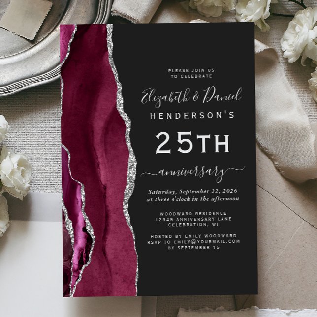 Invitación Burgundy Agate Silver Dark 25th Anniversary (Subido por el creador)