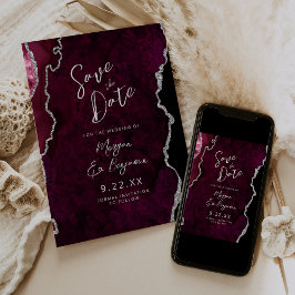 Invitación Burgundy Agate Silver Script Wedding Save the Date