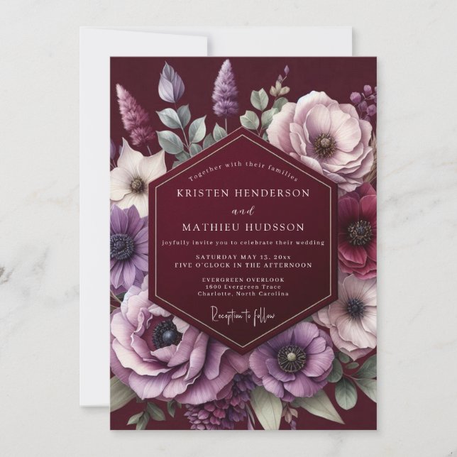 Invitación Burgundy Amethyst Bloom Wedding (Anverso)