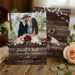 Invitación Burgundy and Blush Floral QR Code Rustic Wedding