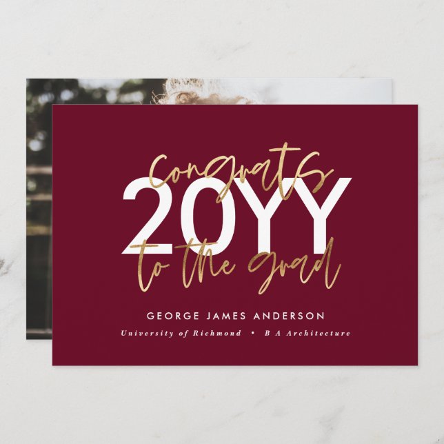 Invitación burgundy and gold modern script photo graduation (Anverso / Reverso)