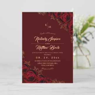 Invitación Burgundy and Gold Rose Floral Boho Wedding Invitat