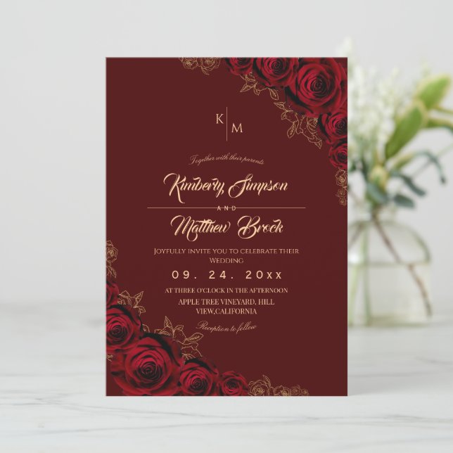 Invitación Burgundy and Gold Rose Floral Boho Wedding Invitat (Anverso de pie)