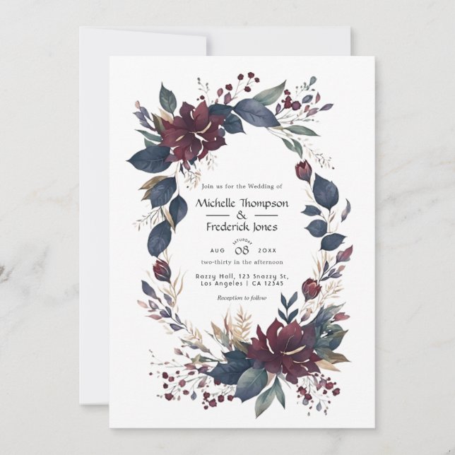 Invitación Burgundy and Navy Floral Wedding QR Code Invitatio (Anverso)
