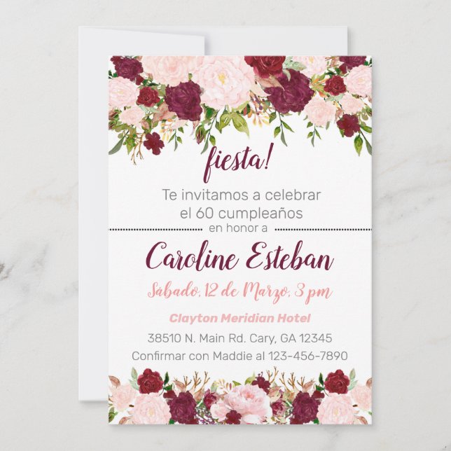Invitación Burgundy and pink floral birthday invit (Anverso)