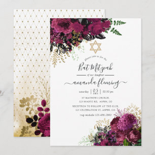 Invitación Burgundy Antiguo - Bat Mitzvah de Marsala y Oro