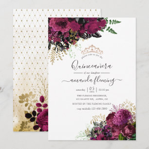 Invitación Burgundy Antiguo - Quinceañera de Marsala y Oro