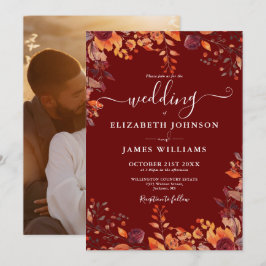 Invitación Burgundy Autumn Fall Floral Photo Wedding