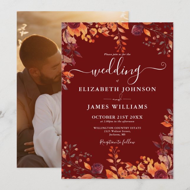 Invitación Burgundy Autumn Fall Floral Photo Wedding (Anverso / Reverso)
