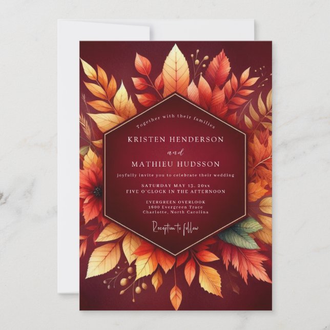 Invitación Burgundy Autumn Foliage Romance Wedding (Anverso)