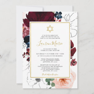 Invitación Burgundy Azul Marino Floral Bat Mitzvah