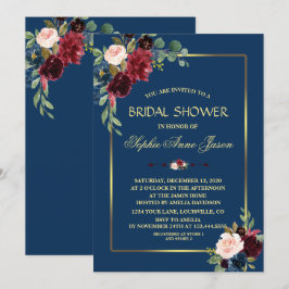 Invitación Burgundy Azul Marino Floral Dorado Marco Despedida
