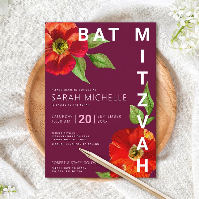 Invitación Burgundy Bat Mitzvah acuarela floral moderna (Subido por el creador)