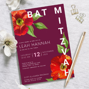 Invitación Burgundy Bat Mitzvah Floral Acuarela Moderna