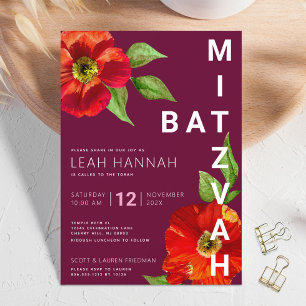 Invitación Burgundy Bat Mitzvah Floral Acuarela Moderno