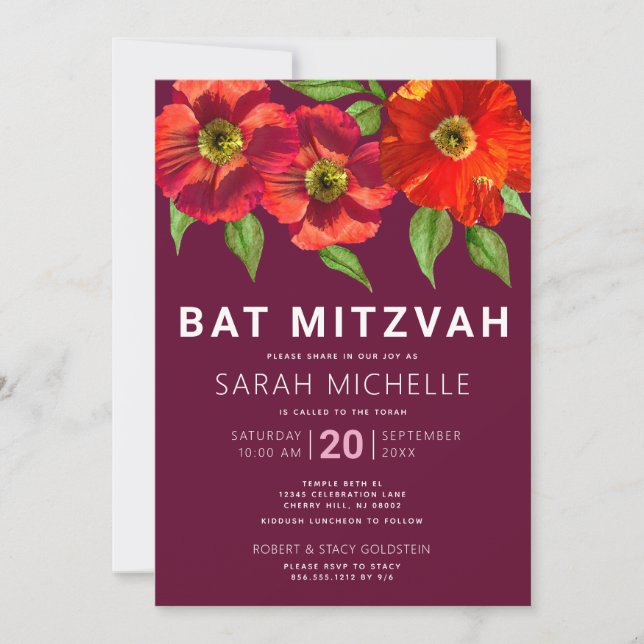 Invitación Burgundy Bat Mitzvah Floral acuática moderna (Anverso)