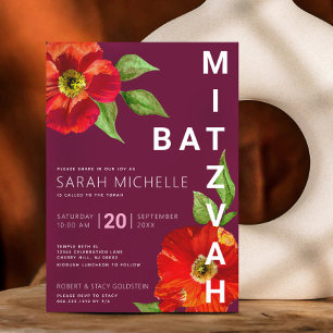 Invitación Burgundy Bat Mitzvah Floral Watercolor Negrita Mod