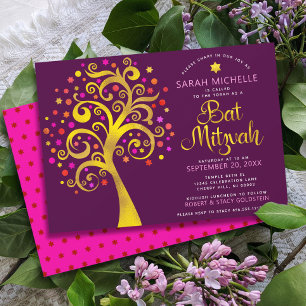 Invitación Burgundy Bat Mitzvah Moderno Árbol de la Vida con