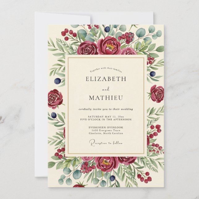 Invitación Burgundy Berry Botanical Wedding (Anverso)