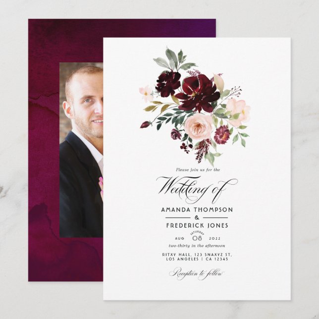 Invitación Burgundy Berry y Rubor Floral Boda Foto (Anverso / Reverso)