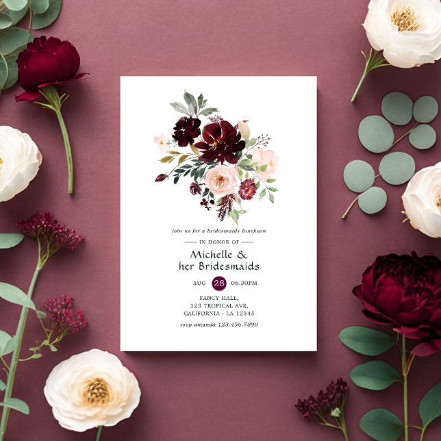 Invitación Burgundy Berry y Rubor Floral Bridesmaids Luncheon (Subido por el creador)