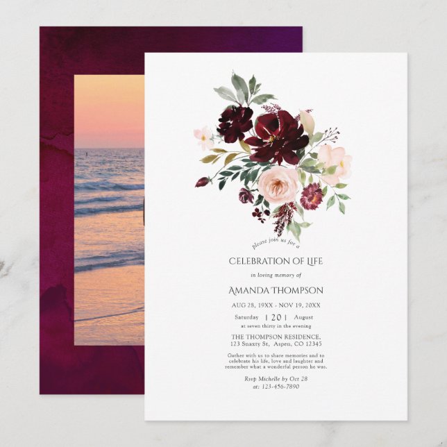 Invitación Burgundy Berry y Rubor Floral Celebración de la Vi (Anverso / Reverso)