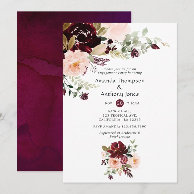 Invitación Burgundy Berry y Rubor Floral Engagement Party (Anverso / Reverso)