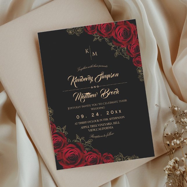 Invitación Burgundy Black and Gold Rose Floral Boho Wedding (Subido por el creador)