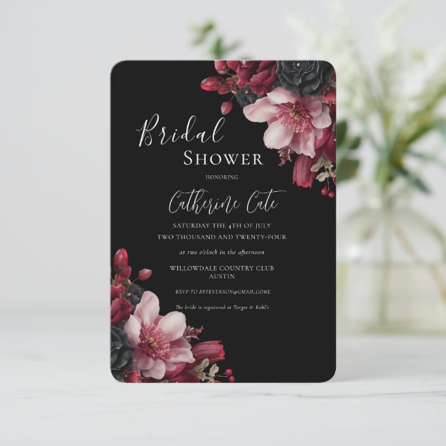 Invitación Burgundy & Black Elegant Floral Bridal  (Anverso de pie)