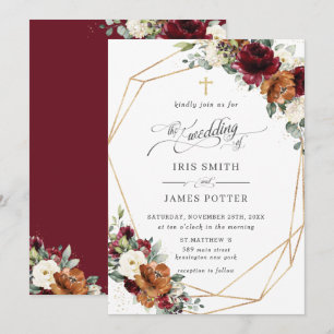Invitación Burgundy Blanco Óxido Naranja Floral Iglesia Boda
