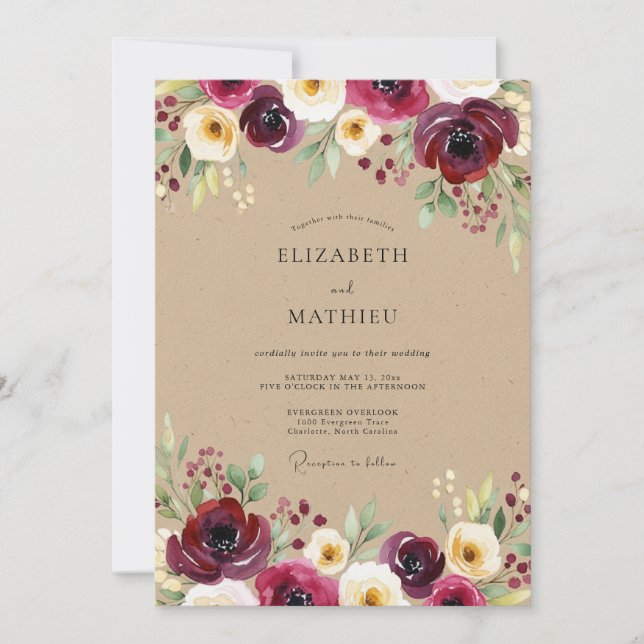 Invitación Burgundy Bloom Meadow Wedding (Anverso)