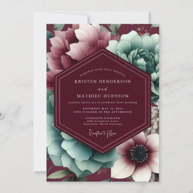 Invitación Burgundy Bloom Moody Wedding (Anverso)