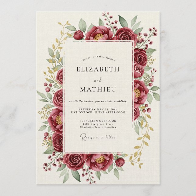 Invitación Burgundy Bloom Romance Wedding (Anverso)