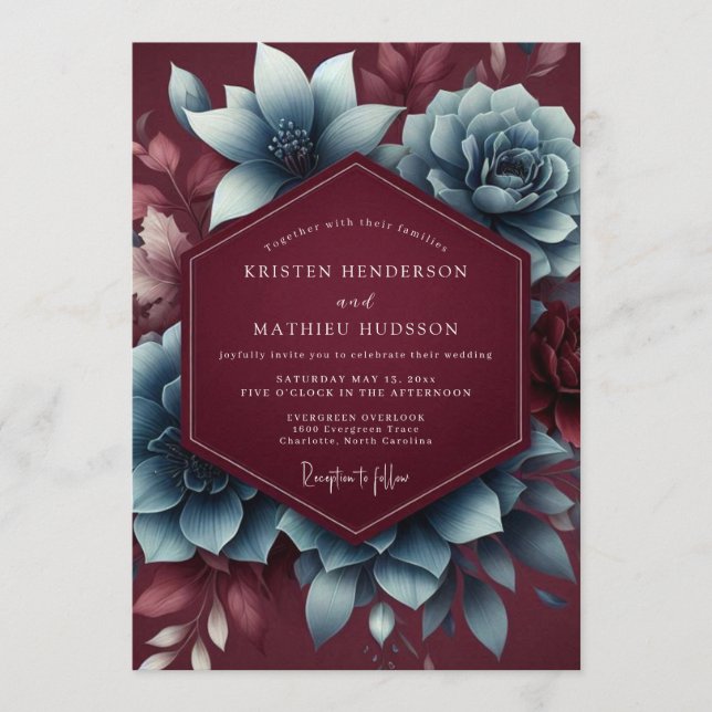 Invitación Burgundy & Blue Moody Bloom Wedding (Anverso)
